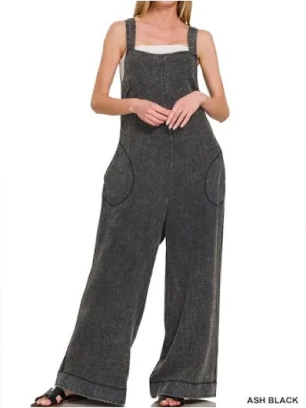 Zenana Outfitters Ash Black Wide-Leg Cotton Gauze Jumpsuit